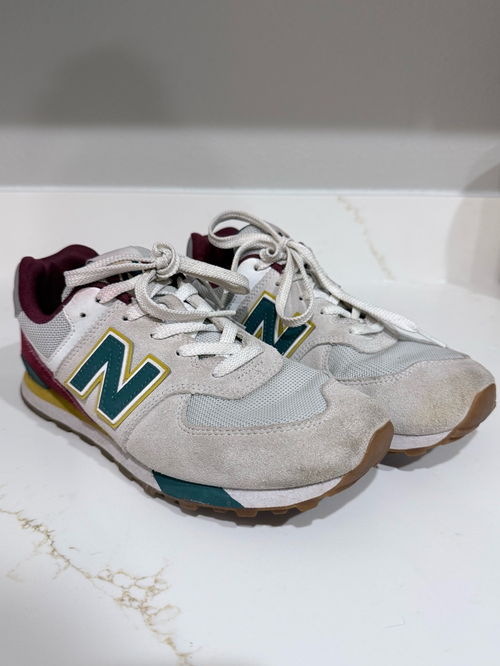New Balance Kids Off-White Sneakers with Teal & Maroon Accents